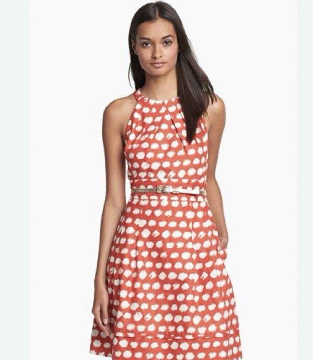 Eliza J Orange White Polka Dot Fit Flare Dress Women’s Size 10 Sleeveless Lined